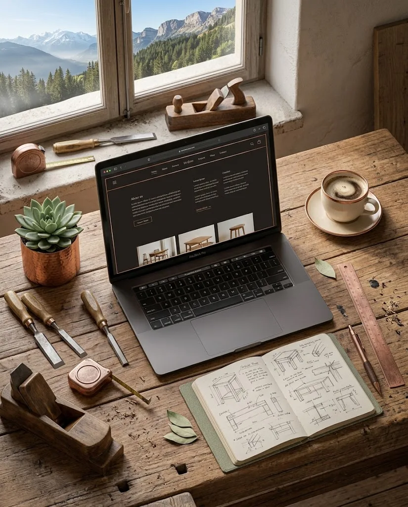Bureau en bois avec ordinateur, carnet de croquis et vue sur les montagnes de Savoie